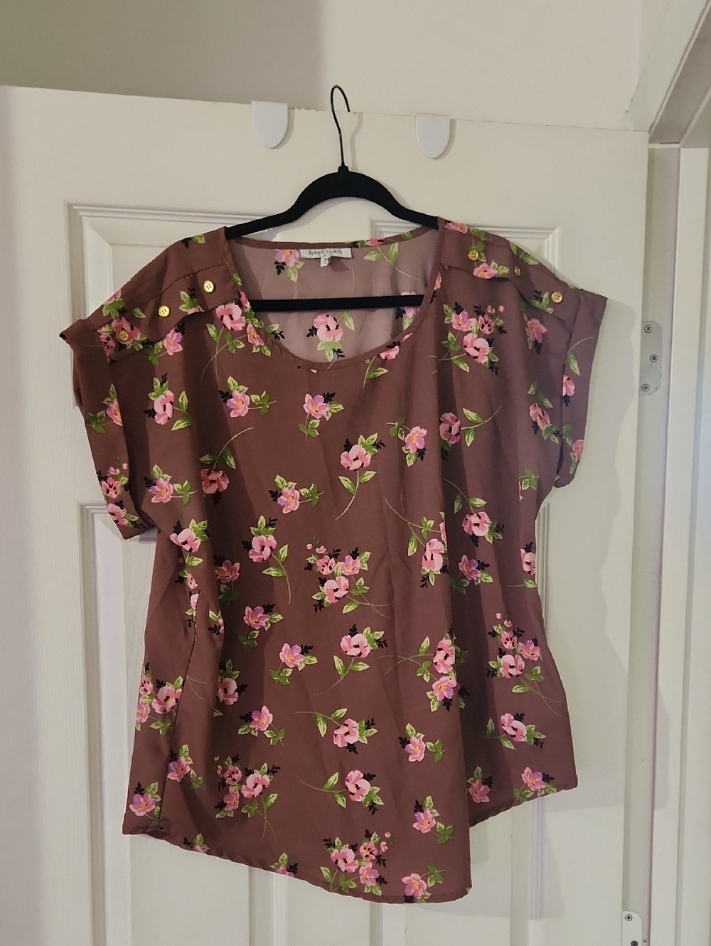 Brown Floral Short Sleeve Blouse with Pink Flowers
